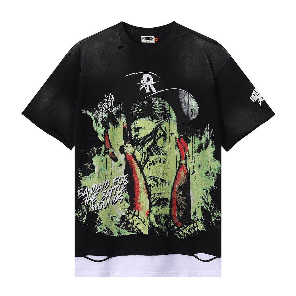 Rough Play Skeleton Graphic Distressed T-Shirt