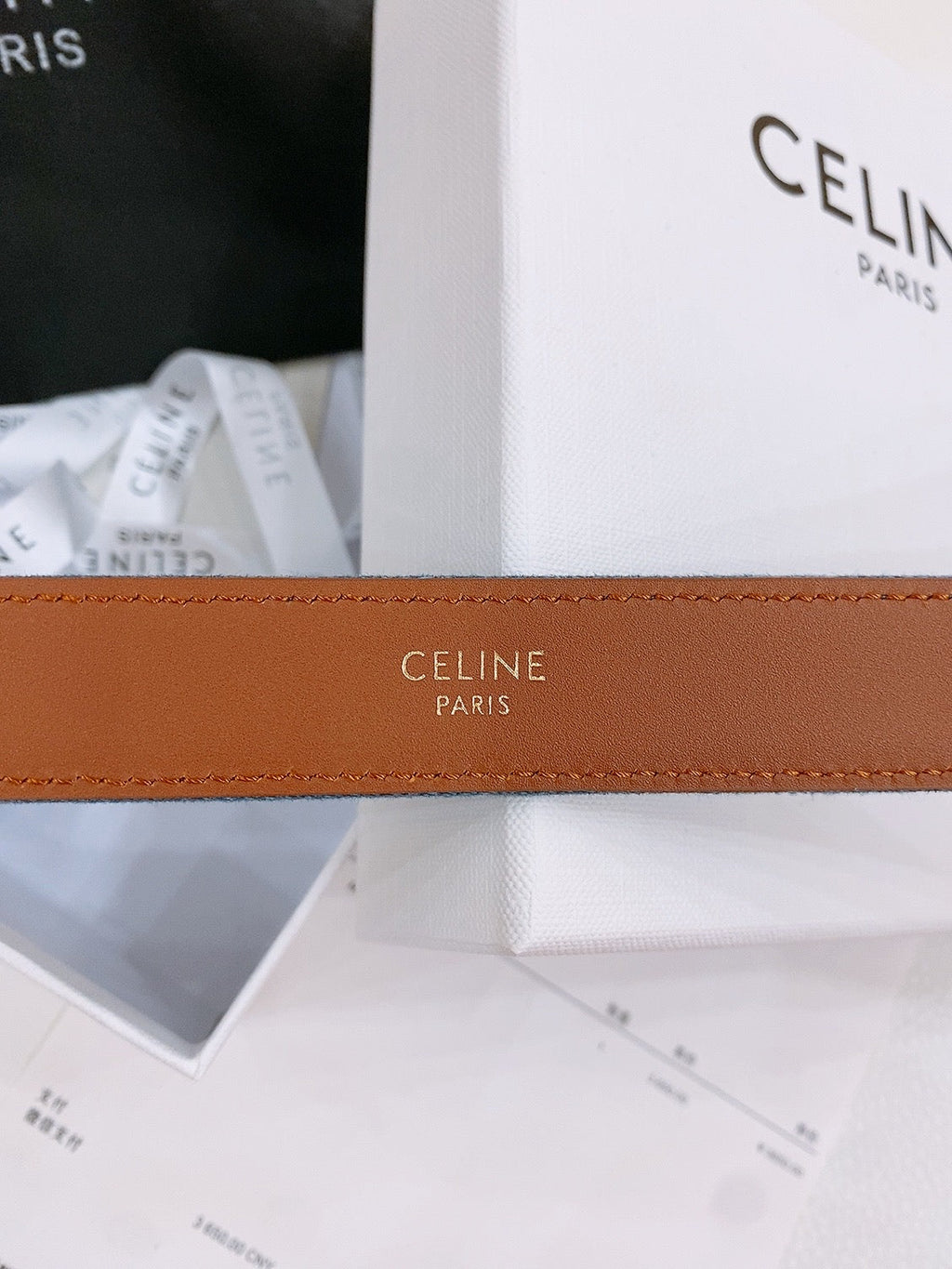 CELINE 25S BELT TRIOMPHE TAURILLON 25MM IN BROWN CALFSKIN AND DENIM 558356
