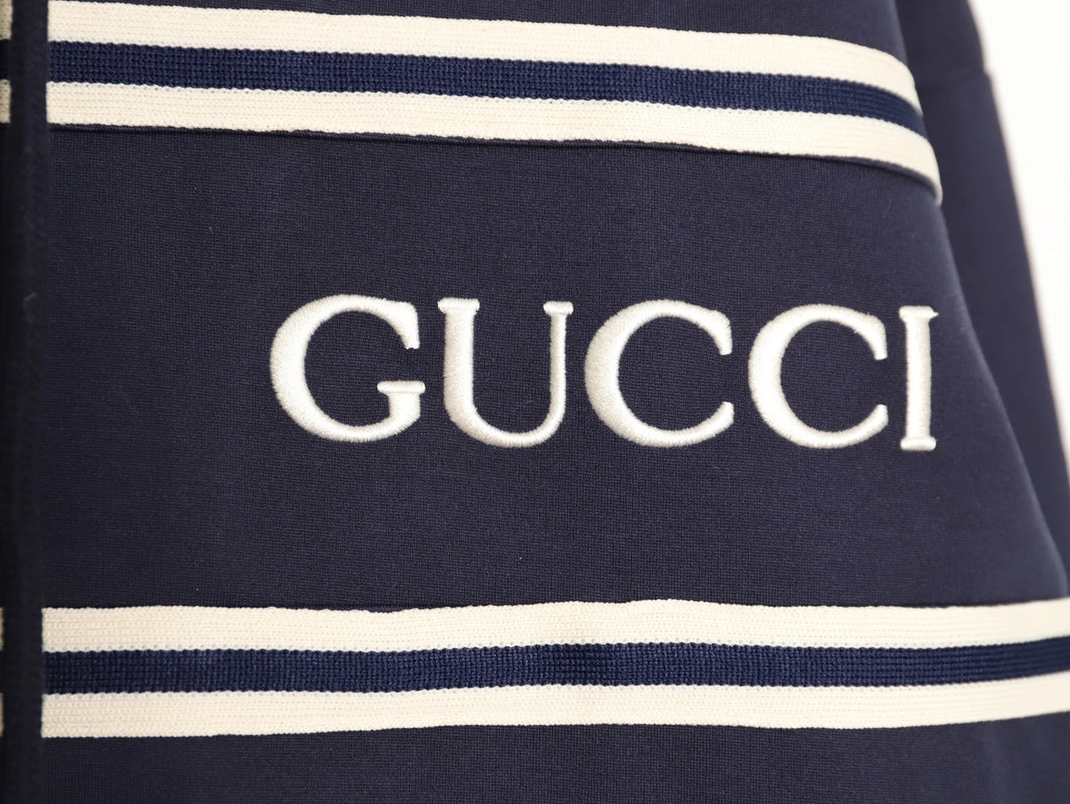 Gucci Chest-Logo Contrast-Stripe Hooded Zip Jacket - Navy