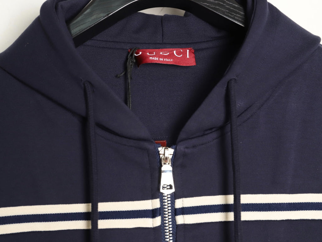Gucci Chest-Logo Contrast-Stripe Hooded Zip Jacket - Navy